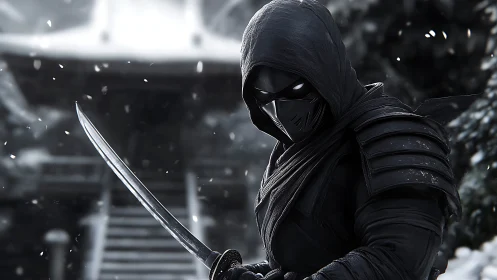 Hooded masked swordsman in snowy environment holding katana.