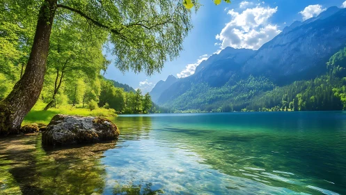 Tree-lined mountain lake displays clear water and distant peaks