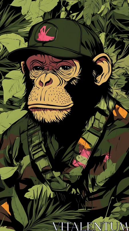 Cool jungle chimp in camo gear and a laid-back cap.
