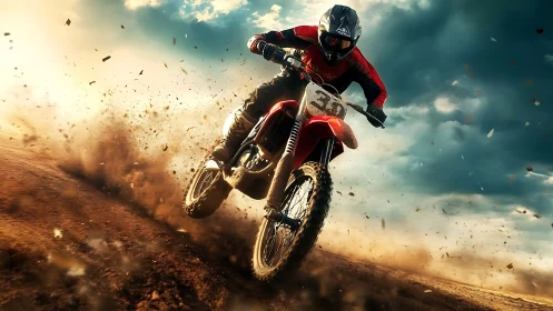 Motocross rider carves dirt track under stormy sky.