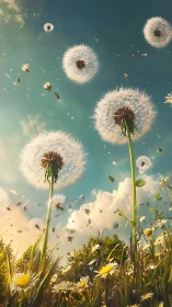 Dandelion seeds drift across sunlit sky over wild meadow.