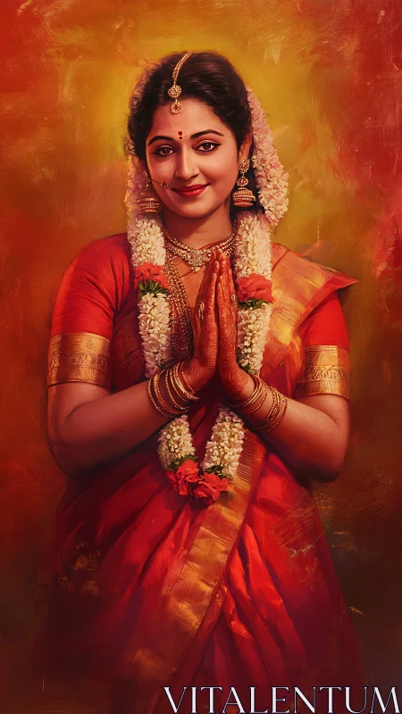 Smiling Indian bride folds hands in traditional red saree