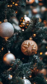 Glass ornaments hang on an illuminated artificial fir tree