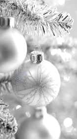 Silver snowflake ornament glows on frosted Christmas tree.