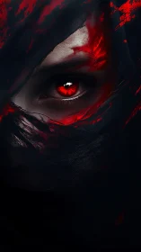 Scarlet gaze glows through shadowed cloth and silent night