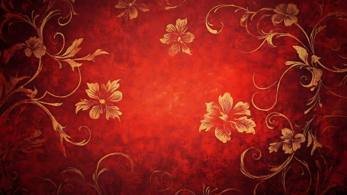 Golden floral ornaments glow over rich red texture background.