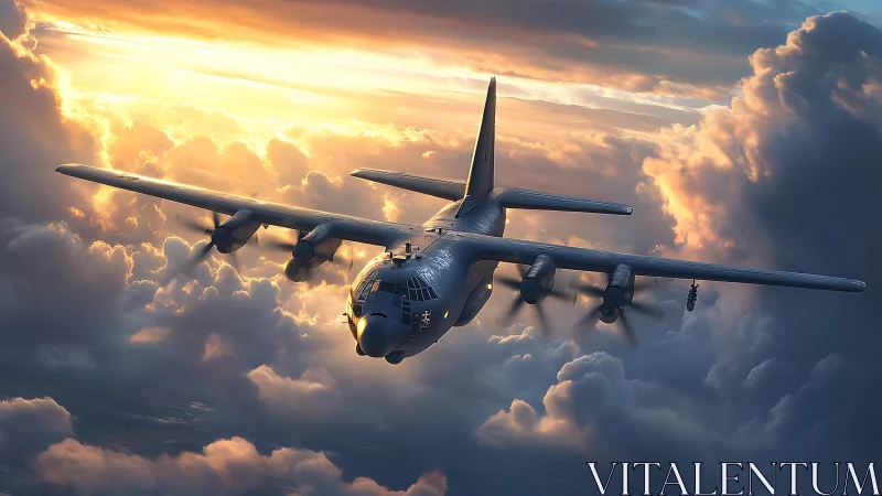 Military transport aircraft cuts through sunset cumulonimbus sky