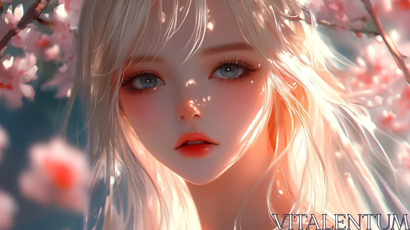 Ethereal blonde portrait under luminous cherry blossoms.