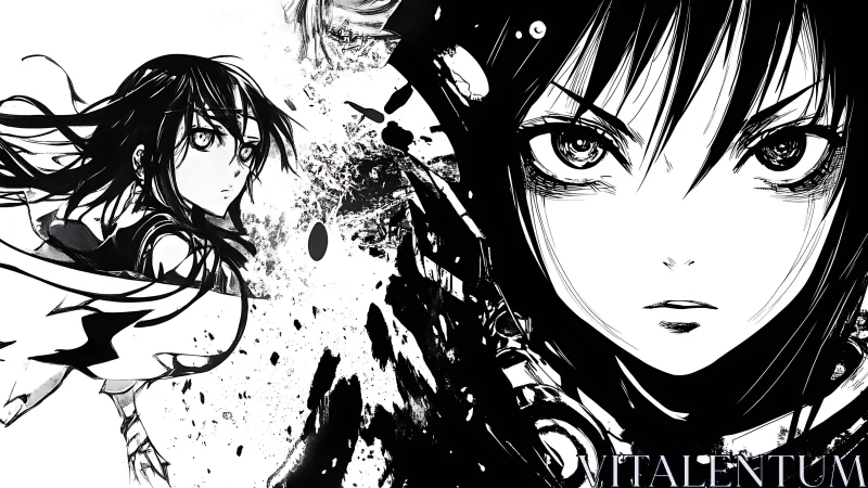 Ink-splintered warrior gaze in monochrome storm of resolve.