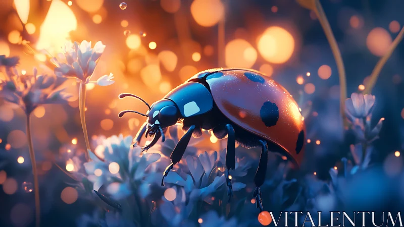 Ladybug on flowers against glowing bokeh lights.