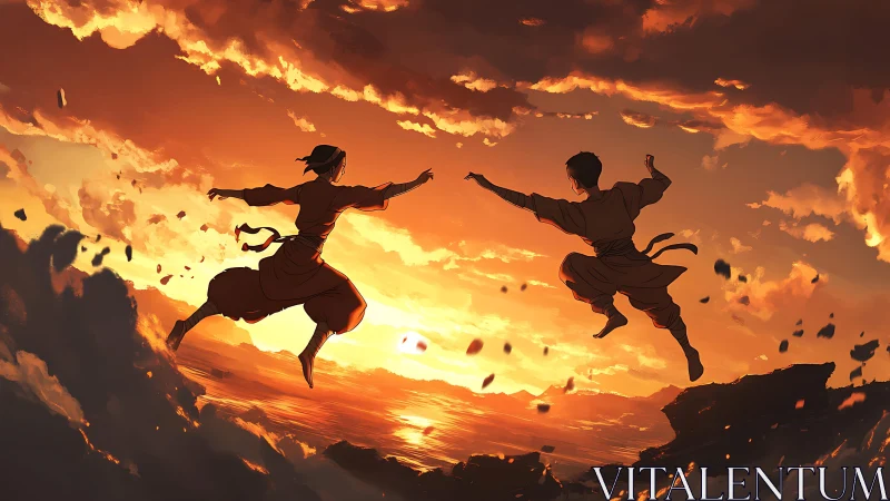 Silhouetted martial artists in midair against sunset sky.