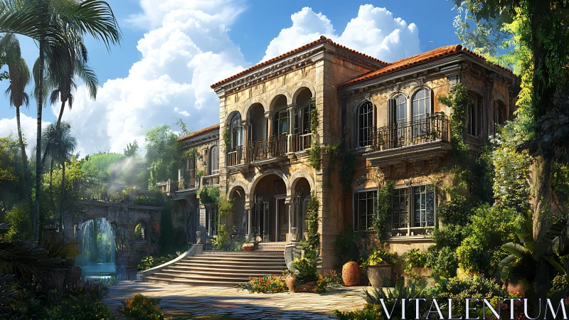 Mediterranean villa courtyard with lush cascading garden waterfall