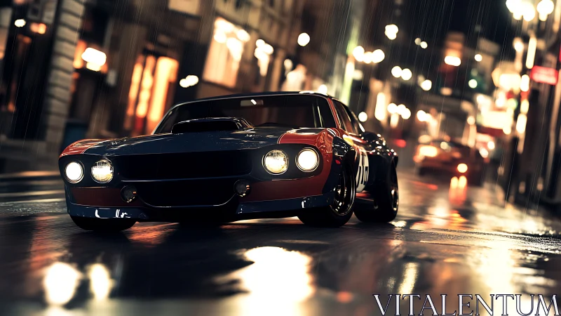 Classic race car on wet night city street in rain.