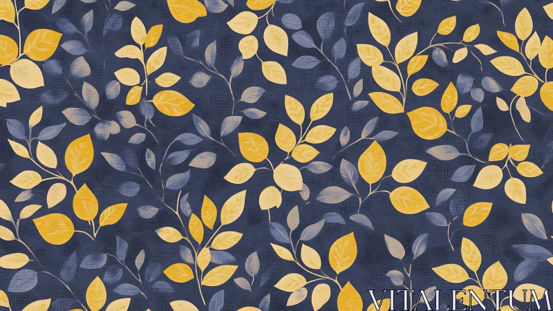Yellow and gray leaf pattern repeats on textured navy background
