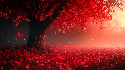 Red-leaved tree dominates glowing misty meadow at sunrise