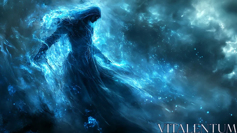 Ethereal hooded specter formed from bioluminescent blue energy