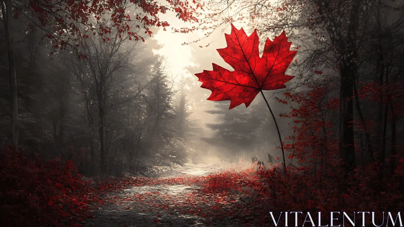 Crimson maple sentinel guarding a mist-lit forest path.