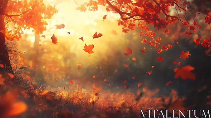 Sunlit autumn leaves descend through backlit forest air