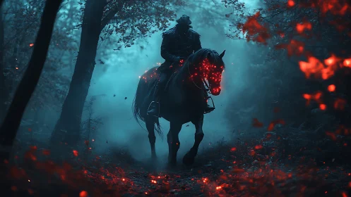 Mysterious rider guides a glowing horse through a haunted forest