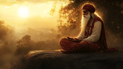 Sunlit sage in meditative pose against atmospheric forest haze