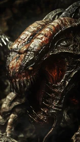 Macro 3D render of infernal chitinous beast with exposed jaws