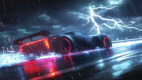 Neon storm racer slashes through rain under electric skies
