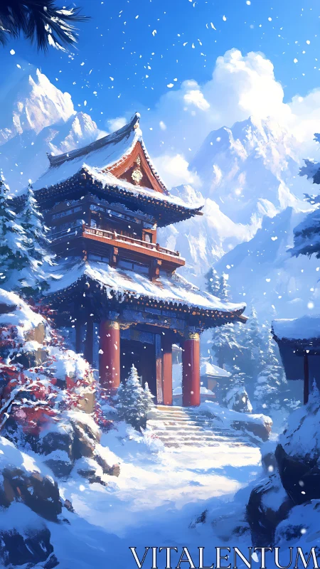 Snow-covered mountain temple gate catches crisp winter light