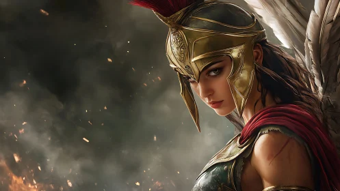 Winged armored woman in plumed helmet amid drifting embers.