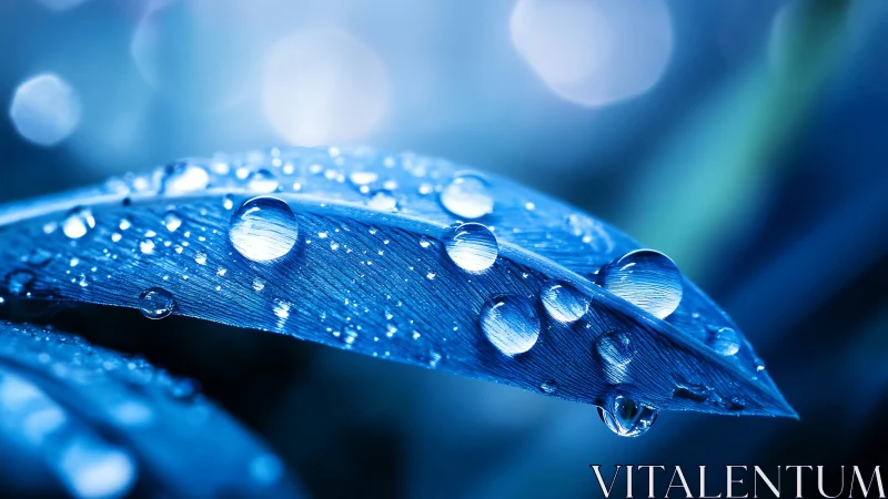 Gentle morning droplets resting on a soft blue leaf.