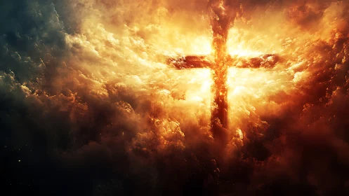 Fiery crucifix glows through turbulent storm clouds