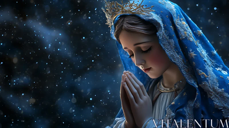 Serene robed woman prays softly amid starry blue night.