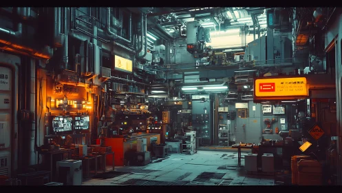 Industrial cyberpunk workshop with dense neon machinery.
