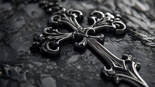 Ornate metallic cross resting on wet textured stone surface.
