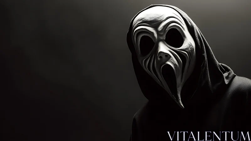 Hooded figure in stylized white mask occupies right frame