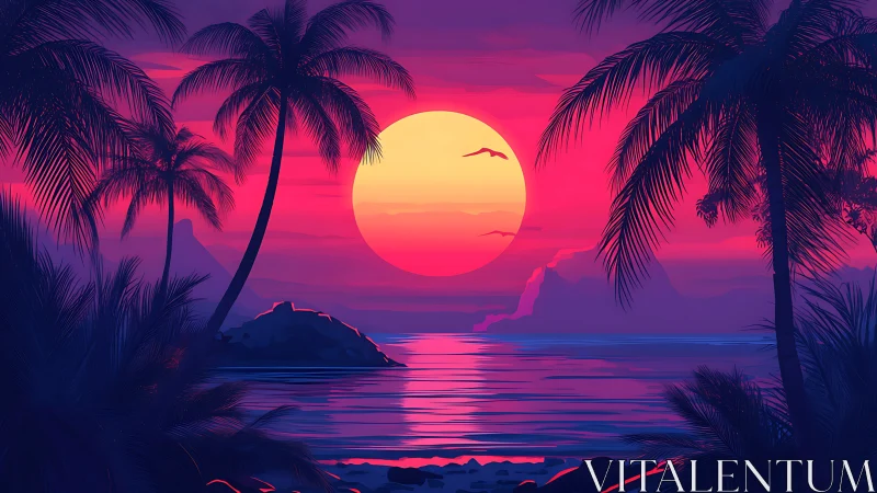 Vibrant tropical sunset over calm ocean with palm trees.