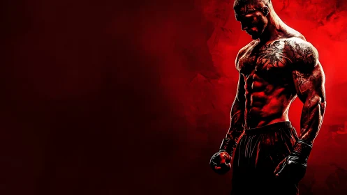 Muscular fighter in red high-contrast lighting studies resolve