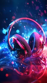 Neon-lit cushioned headphones in dynamic bokeh soundscape.