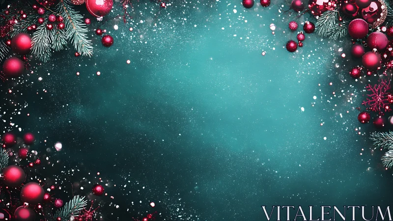 Sparkling teal winter frame with ruby holiday baubles.