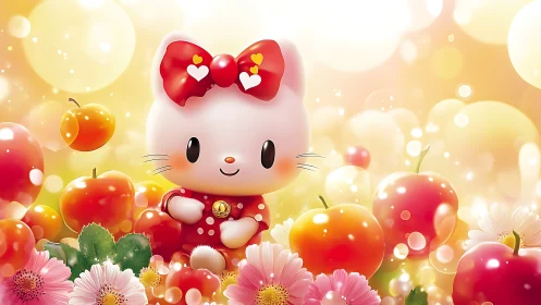 Candy dawn cuddles a bow-topped kitten amid glowing fruit