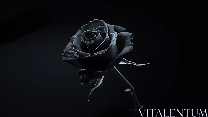 Black rose blooms against darkness with ethereal light.
