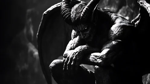 Brooding horned guardian resting in stark shadowed light.