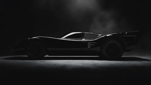 Sleek retro-futuristic black coupe in dramatic rim lighting.