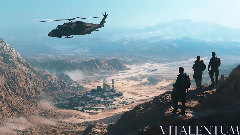 Helicopter hovers above desert base as soldiers observe below