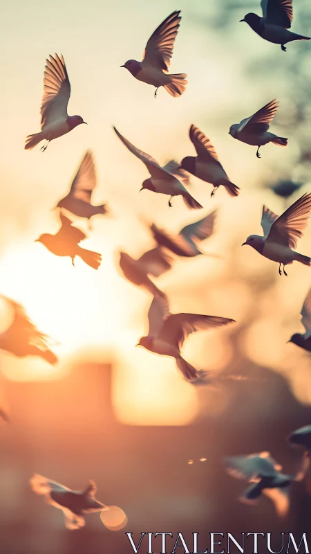 Kinetic avian silhouettes in shallow-depth sunset bokeh field.