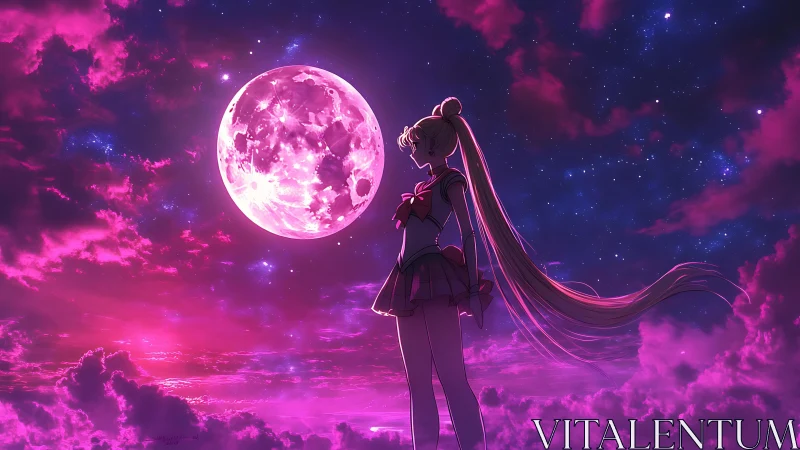 Moonlit anime heroine stands beneath a glowing cosmic sky