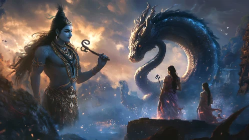 Divine guardian confronts luminous serpent in stormlit heavens