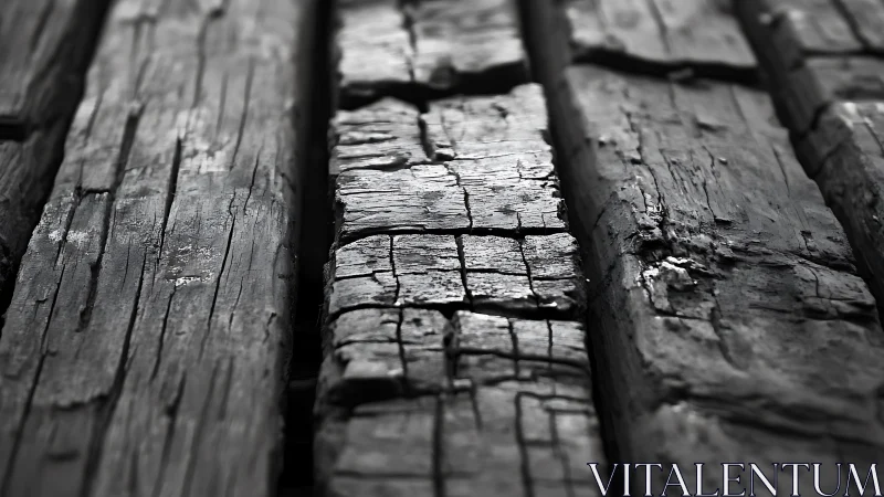 Charred timber planks in stark monochrome close-up study.