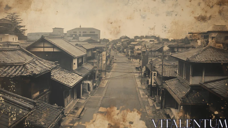 Aged sepia streetscape of traditional Japanese wooden town