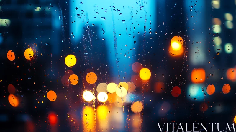 Rainy window with blurred city lights at blue dusk.