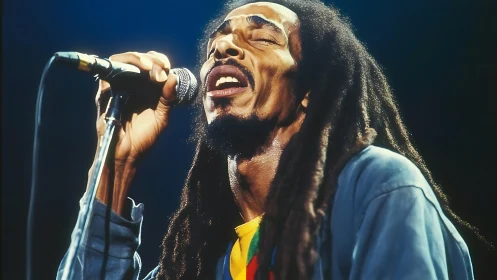 Close-up stage portrait of reggae vocalist in live performance.